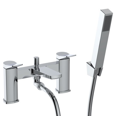 Kyro Twin Lever Deck Mounted Bath Filler Tap with Hand Shower & Parking Bracket - Chrome