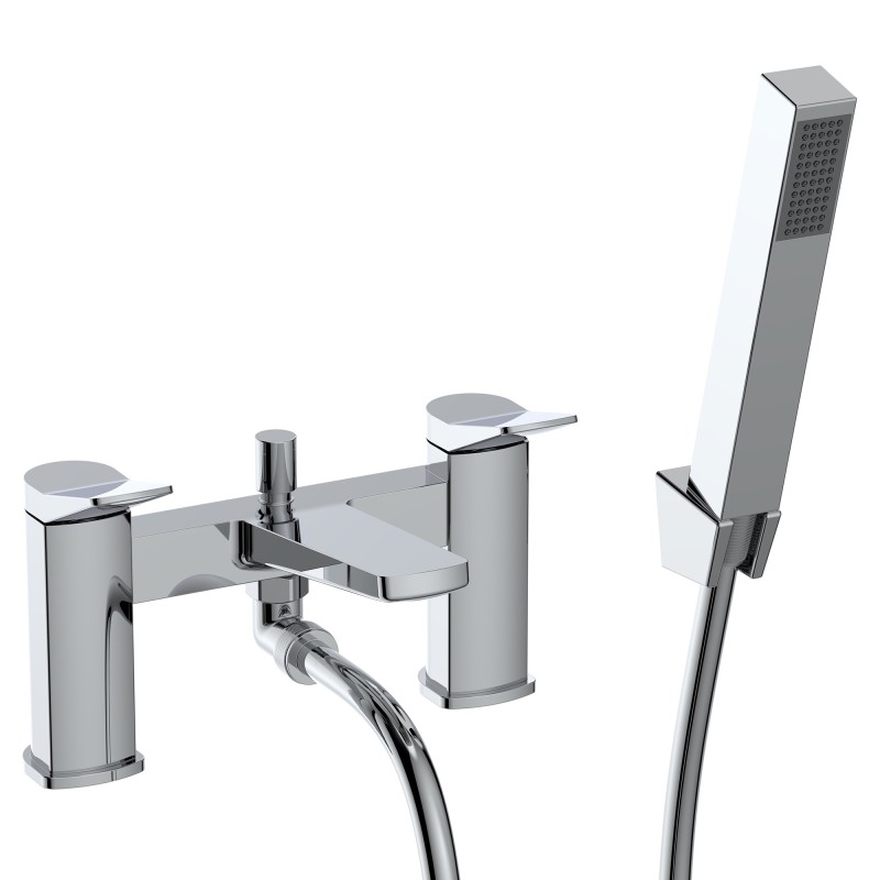 Kyro Twin Lever Deck Mounted Bath Filler Tap with Hand Shower & Parking Bracket - Chrome