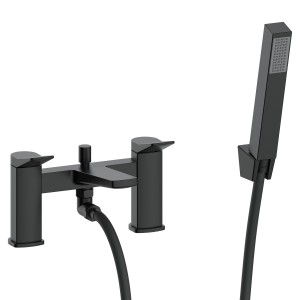 Kyro Twin Lever Deck Mounted Bath Filler Tap with Hand Shower & Parking Bracket - Matt Black