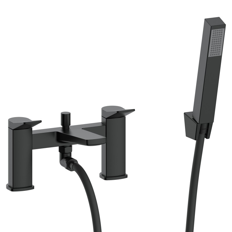 Kyro Twin Lever Deck Mounted Bath Filler Tap with Hand Shower & Parking Bracket - Matt Black