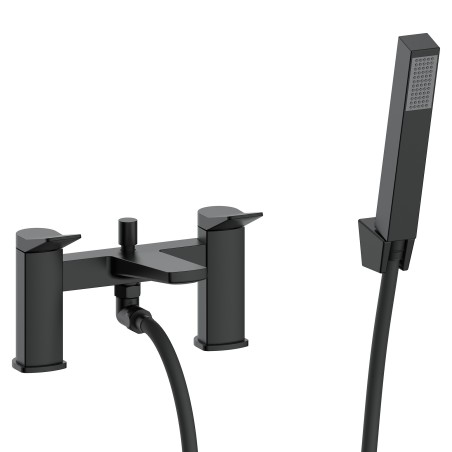Kyro Twin Lever Deck Mounted Bath Filler Tap with Hand Shower & Parking Bracket - Matt Black