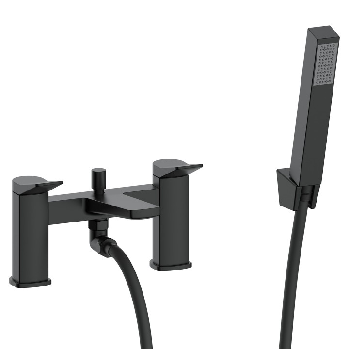 Kyro Twin Lever Deck Mounted Bath Filler Tap with Hand Shower & Parking Bracket - Matt Black