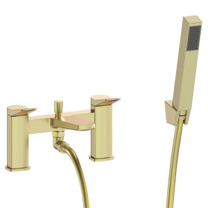 Kyro Twin Lever Deck Mounted Bath Filler Tap with Hand Shower & Parking Bracket - Brushed Brass