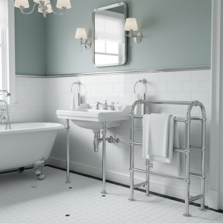 600mm (w) x 850mm (h) Huxley Chrome Traditional Floor Mounted Towel Rail Radiator