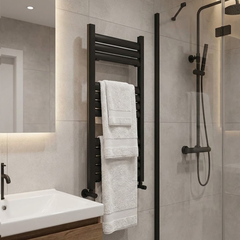 300mm (w) x 800mm (h) Evolve Black Aluminium Heated Towel Rail - closeup