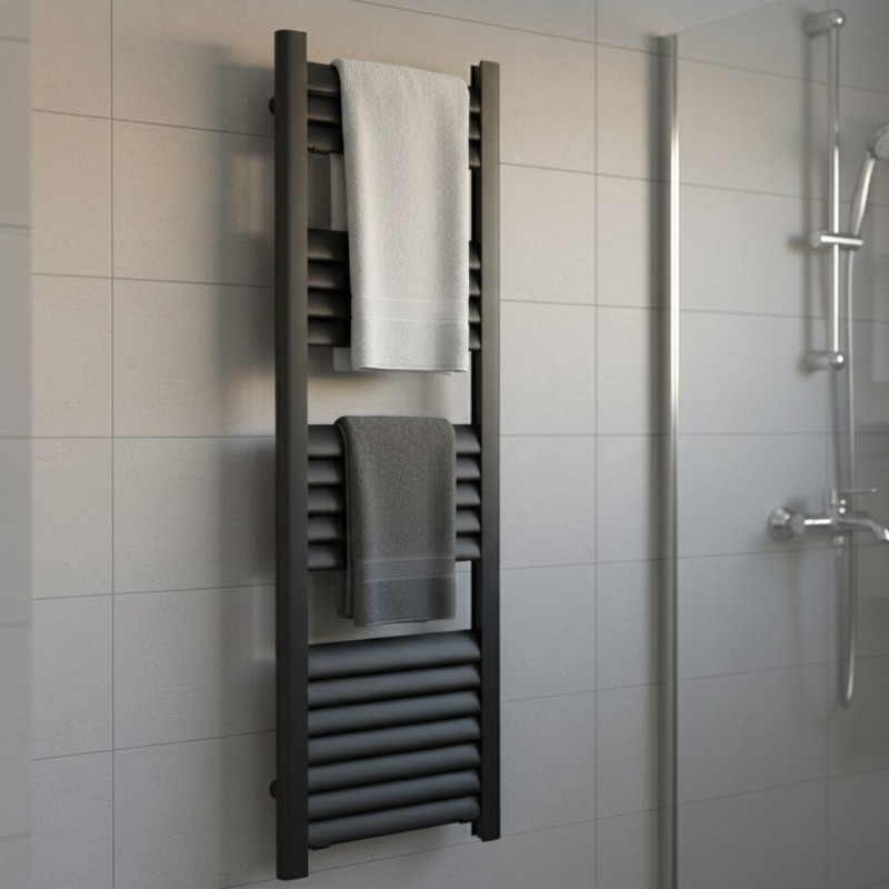 50mm (w) x 1200mm (h) Evolve Black Aluminium Heated Towel Rail - closeup