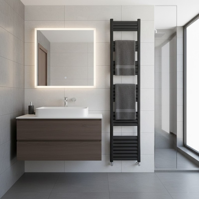 300mm (w) x 1800mm (h) Evolve Black Aluminium Heated Towel Rail - closeup