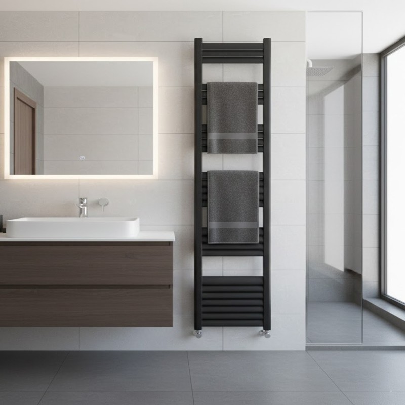 500mm (w) x 1800mm (h) Evolve Black Heated Towel Rail - Closeup