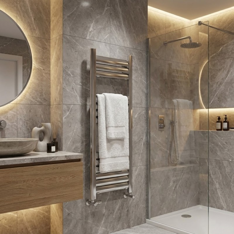 300mm (w) x 800mm (h) Evolve Polished Anodised Aluminium Heated Towel Rail - Closeup