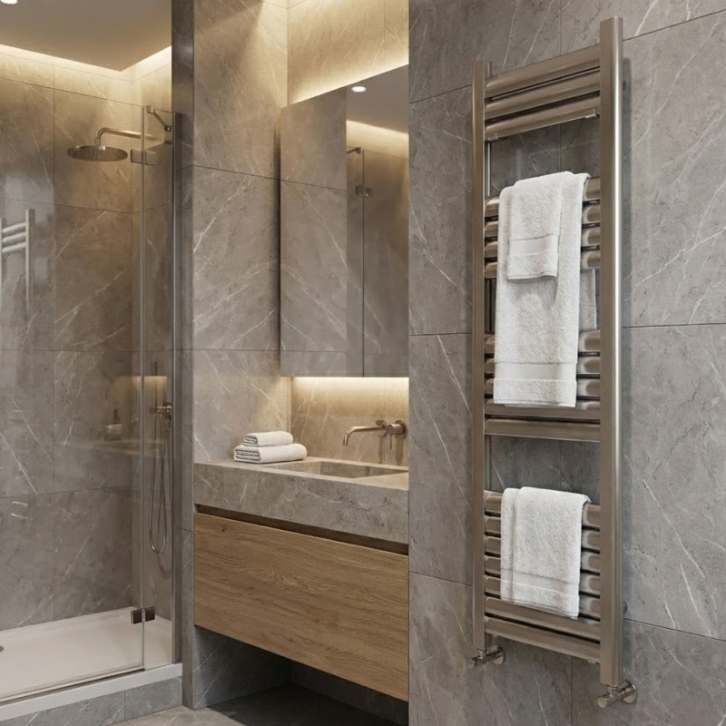 300mm (w) x 1200mm (h) Evolve Polished Anodised Aluminium Heated Towel Rail