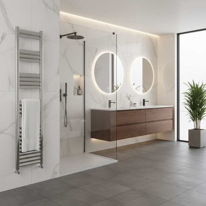 300mm (w) x 1600mm (h) Evolve Polished Anodised Aluminium Heated Towel Rail - Closeup