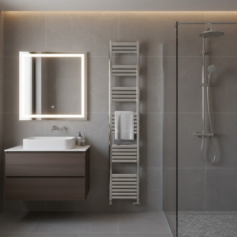 300mm (w) x 1800mm (h) Evolve Polished Anodised Aluminium Heated Towel Rail - Closeup