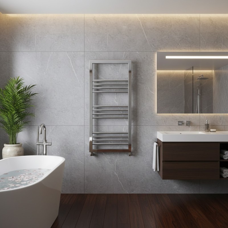 500mm (w) x 900mm (h) Seren Chrome Heated Towel Rail - closeup