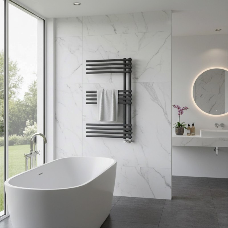 500mm (w) x 800mm (h) Avantis Black Designer Towel Rail - closeup