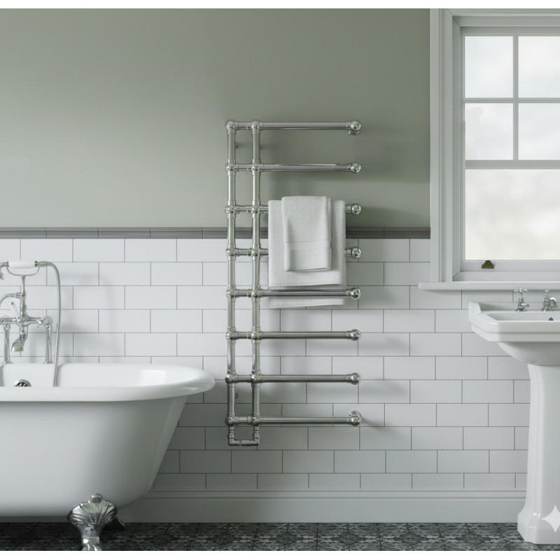 500mm (w) x 1200mm (h) Hampton Chrome Traditional Wall Mounted Electric Towel Rail Radiator (Single Heat or Thermostatic Option)