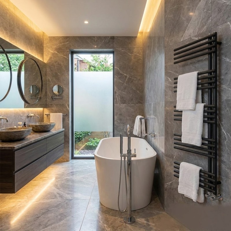 500mm (w) x 1200mm (h) Avantis Black Designer Towel Rail - closeup