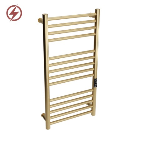 400mm (w) x 800mm (h) Tubo Brushed Brass Stainless Steel Dry Electric Towel Rail (In-Built Controller)