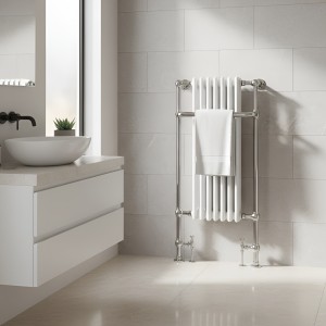550mm (w) x 1130mm (h) Abbey Chrome & White Traditional Floor Standing Towel Rail Radiator