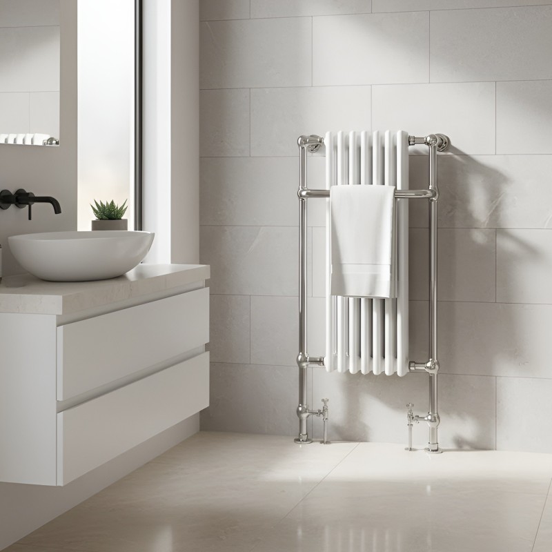 550mm (w) x 1130mm (h) Abbey Chrome & White Traditional Floor Standing Towel Rail Radiator - Insitu
