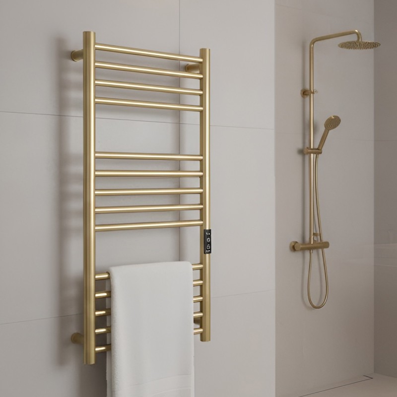 400mm (w) x 800mm (h) Tubo Brushed Brass Stainless Steel Dry Electric Towel Rail (In-Built Controller)
