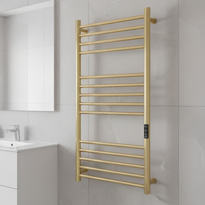 500mm (w) x 900mm (h) Tubo Brushed Brass Stainless Steel Dry Electric Towel Rail (In-Built Controller)