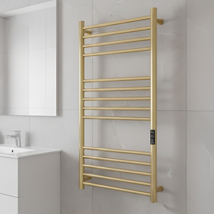 500mm (w) x 900mm (h) Tubo Brushed Brass Stainless Steel Dry Electric Towel Rail (In-Built Controller)