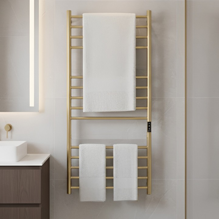 600mm (w) x 1100mm (h) Tubo Brushed Brass Stainless Steel Dry Electric Towel Rail (In-Built Controller)