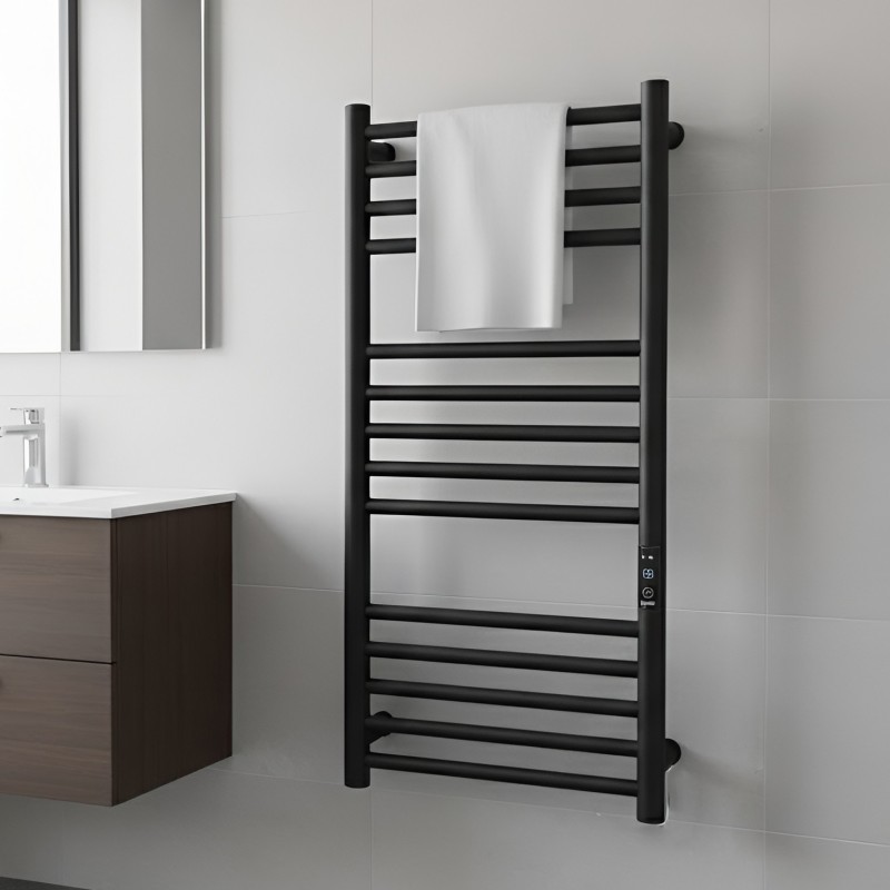 400mm (w) x 800mm (h) Tubo Matt Black Stainless Steel Dry Electric Towel Rail (In-Built Controller)