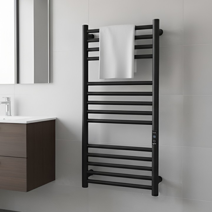 400mm (w) x 800mm (h) Tubo Matt Black Stainless Steel Dry Electric Towel Rail (In-Built Controller)