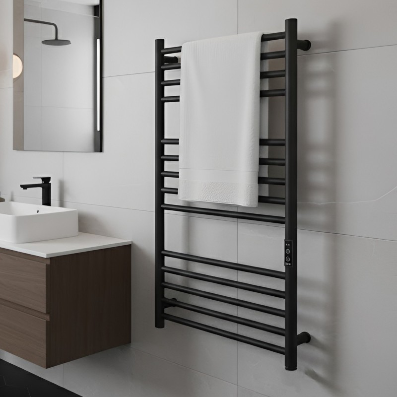 500mm (w) x 900mm (h) Tubo Matt Black Stainless Steel Dry Electric Towel Rail (In-Built Controller)