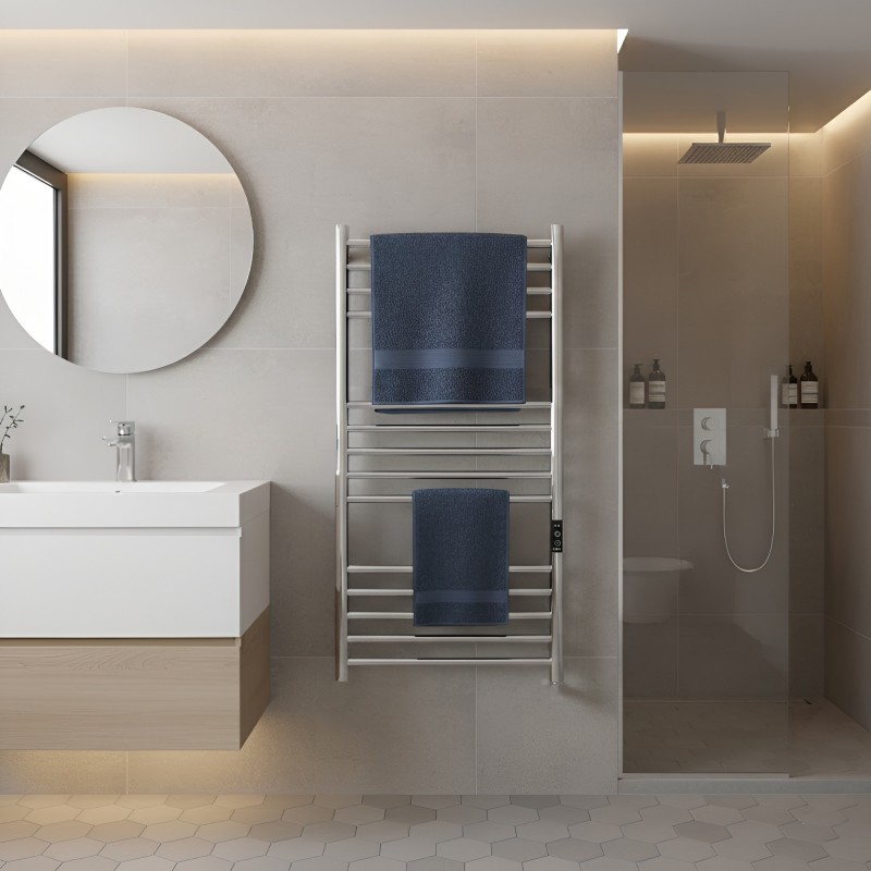 500mm (w) x 900mm (h) Tubo Polished Stainless Steel Dry Electric Towel Rail - closeup