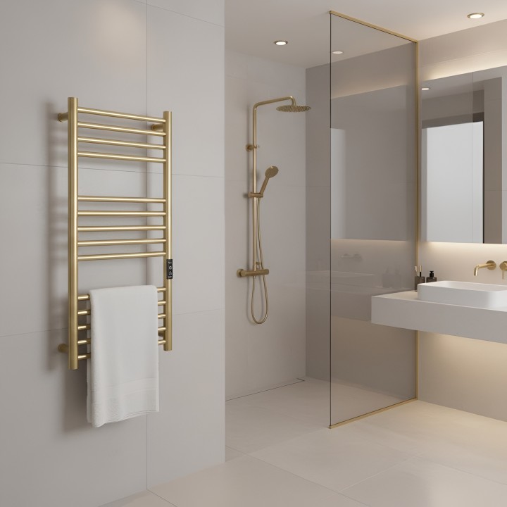400mm (w) x 800mm (h) Tubo Brushed Brass Stainless Steel Dry Electric Towel Rail - closeup