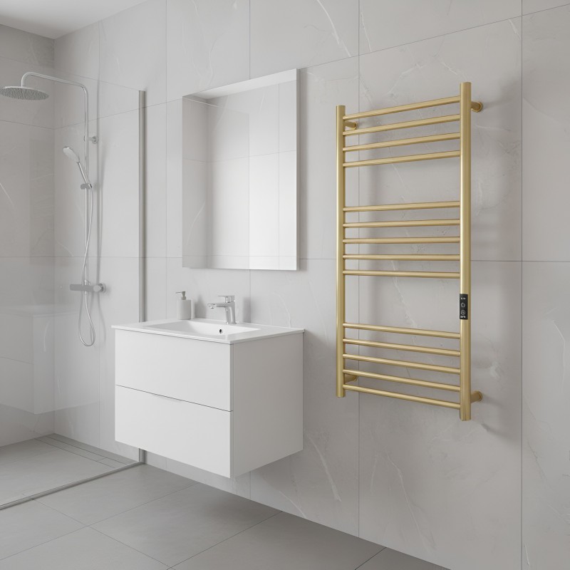 500mm (w) x 900mm (h) Tubo Brushed Brass Stainless Steel Dry Electric Towel Rail - closeup