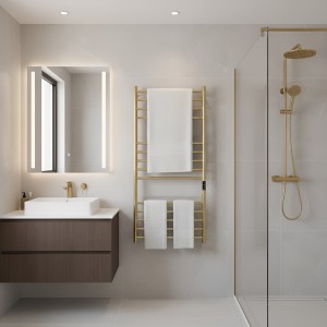 600mm (w) x 1100mm (h) Tubo Brushed Brass Stainless Steel Dry Electric Towel Rail (In-Built Controller)