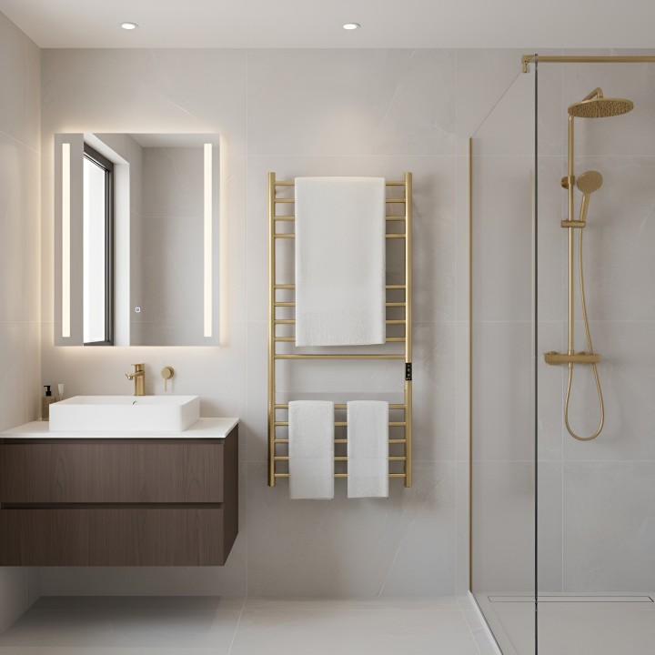 600mm (w) x 1100mm (h) Tubo Brushed Brass Stainless Steel Dry Electric Towel Rail - closeup