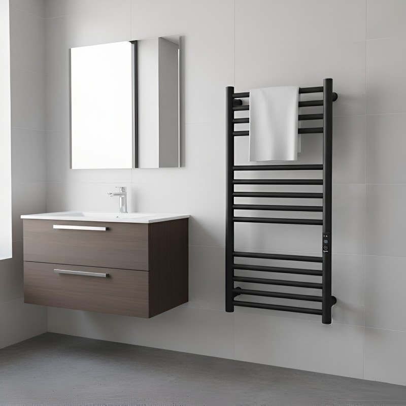 400mm (w) x 800mm (h) Tubo Matt Black Stainless Steel Dry Electric Towel Rail - closeup