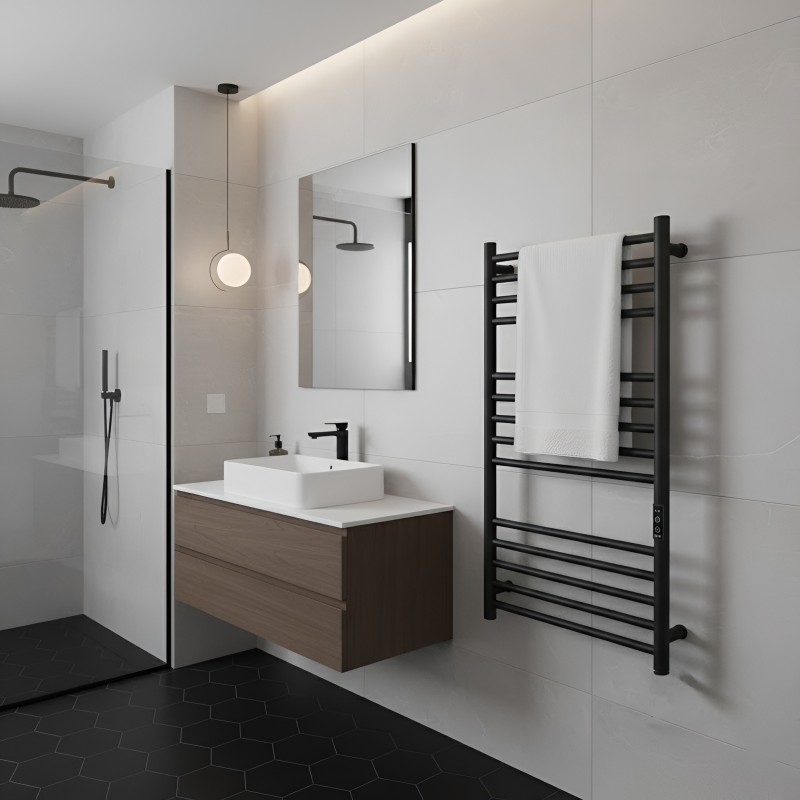 500mm (w) x 900mm (h) Tubo Matt Black Stainless Steel Dry Electric Towel Rail - closeup