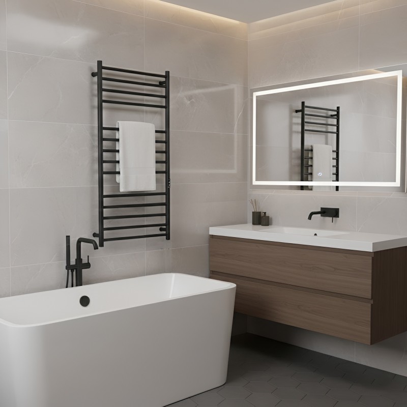 600mm (w) x 1100mm (h) Tubo Matt Black Stainless Steel Dry Electric Towel Rail - closeup