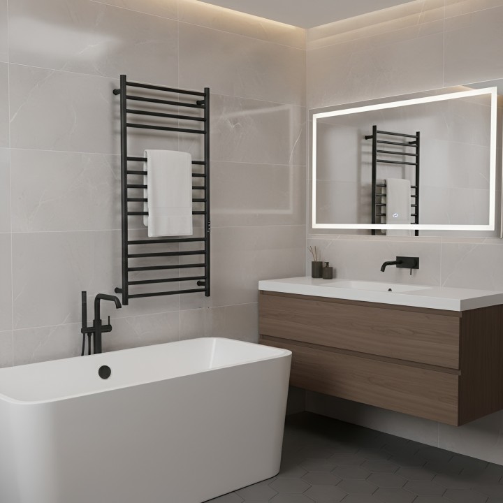 600mm (w) x 1100mm (h) Tubo Matt Black Stainless Steel Dry Electric Towel Rail - closeup