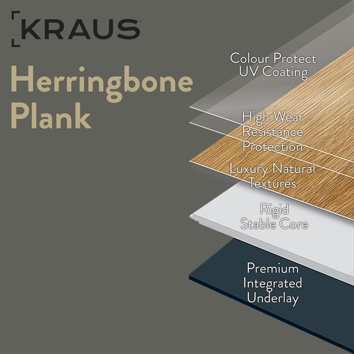 Kraus Owsten Grey Rigid Core Luxury Vinyl Flooring - Click - Herringbone - 625mm x 125mm