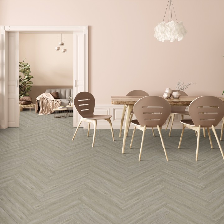 Kraus Owsten Grey Rigid Core Luxury Vinyl Flooring - Click - Herringbone - 625mm x 125mm - Insitu