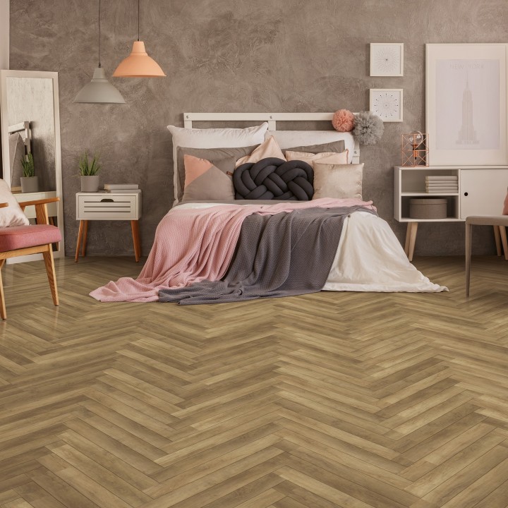 Kraus Odell Oak Rigid Core Luxury Vinyl Flooring - Click - Herringbone - 625mm x 125mm - Insitu