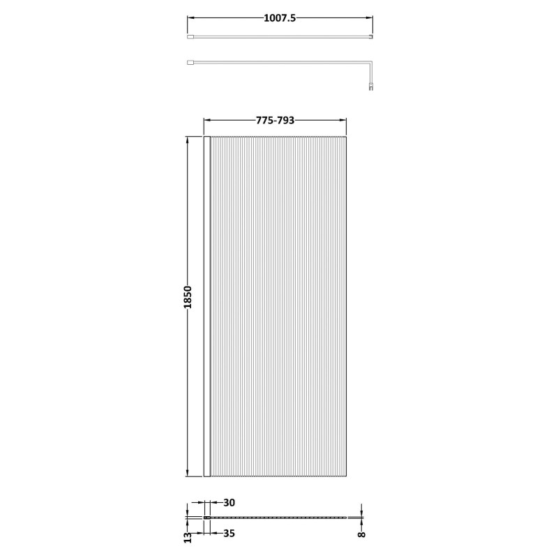 Wall Fixed 8mm Fluted Wetroom Glass Screens 1850mm(H) - Brushed Bronze (Includes x1 Wall Bracket) - 5 Sizes