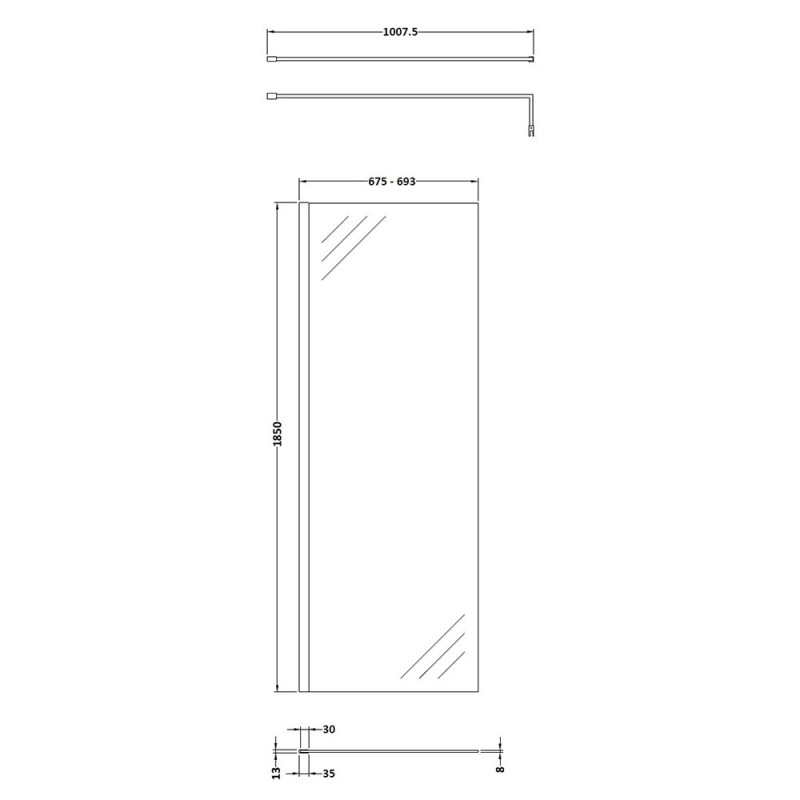 Wall Fixed 8mm Wetroom Shower Screens 1850mm(H) - Brushed Bronze (Includes x1 Wall Bracket) - 11 Sizes