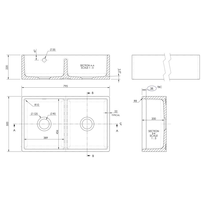 Fireclay Butler Sink  with Stepped Weir & Overflows 795mm(w) x 500mm(d) x 220mm(h)