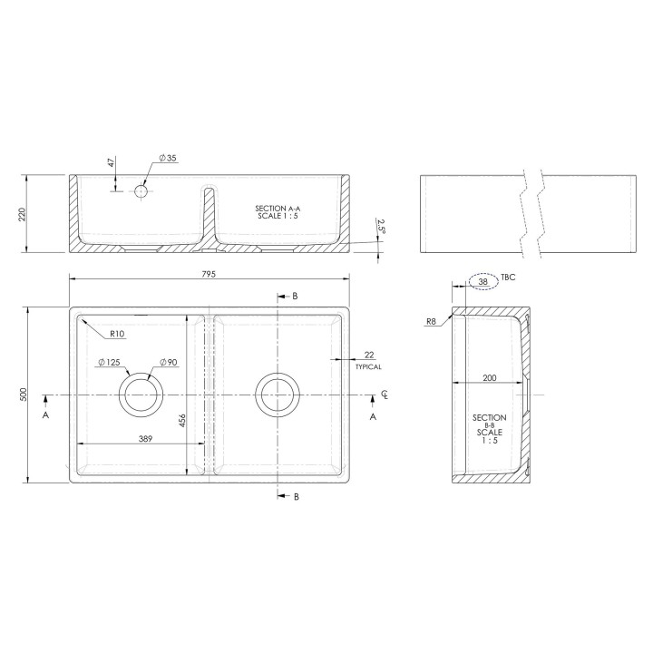 Fireclay Butler Sink  with Stepped Weir & Overflows 795mm(w) x 500mm(d) x 220mm(h)