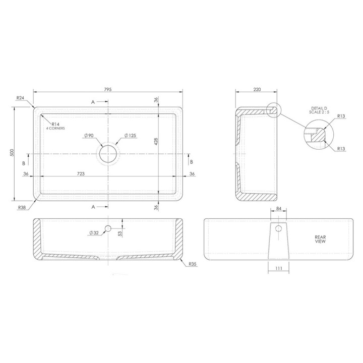 Traditional Fireclay Butler Sink 795mm(w) x 500mm(d) x 220mm(h)