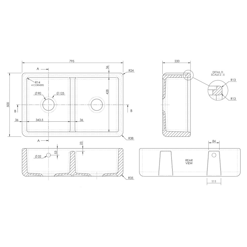 Traditional Fireclay Double Bowl Butler Sink 795mm(w) x 500mm(d) x 220mm(h)