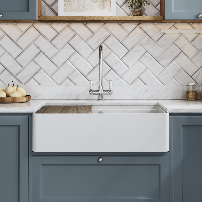 Fireclay Butler Sink  with Ledge, Grid & Chopping Board 795mm(w) x 460mm(d) x 220mm(h)
