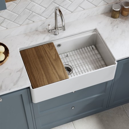 Fireclay Butler Sink  with Ledge, Grid & Chopping Board 795mm(w) x 460mm(d) x 220mm(h)